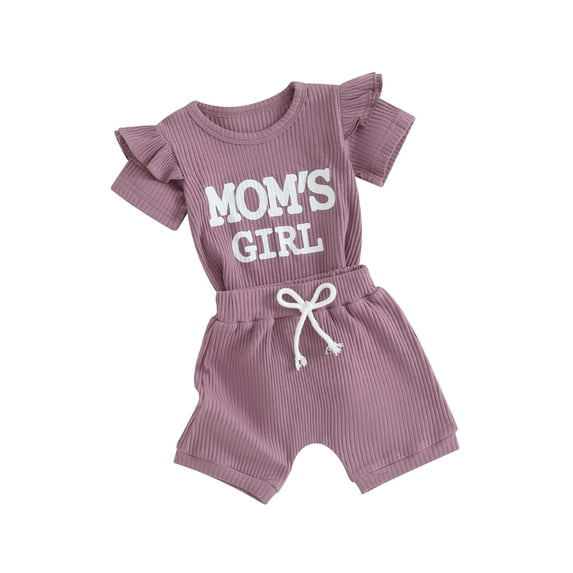 Suealasg Newborn Girls 2Pcs Summer Clothes 3M 6M 12M 18M Infant Baby Girls Casual Beach Outfits Short Sleeve Letter Print Ribbed Romper Shorts Sets