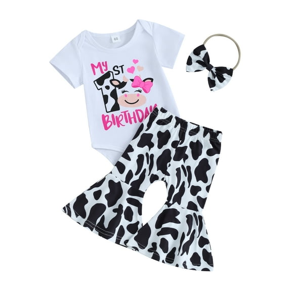 Suealasg Newborn Girls 3Pcs Western Outfit 3M 6M 12M 18M Toddler Baby Girl Spring Clothes Infant Girls Short Sleeve Cow Print Romper + Elastic Waist Flare Pants + 3D Bow Headband