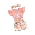 thumbnail image 1 of Suealasg Newborn Girls Outfit 3M 6M Fly Sleeve Letter Print Romper Dress Elastic Waist Floral Print Shorts Headband Set 3Pcs Baby Girl Summer Clothes Set, 1 of 9