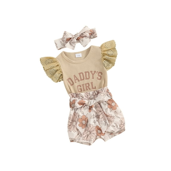 Suealasg Newborn Girls Outfit 3M 6M Fly Sleeve Letter Print Romper Dress Elastic Waist Floral Print Shorts Headband Set 3Pcs Baby Girl Summer Clothes Set