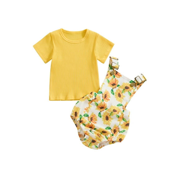 Suealasg Newborn Girls Summer Outfits Short Sleeve Ribbed Tops Sunflower Print Adjustable Overalls 6 12 18 24 Months Baby Girls Clothes