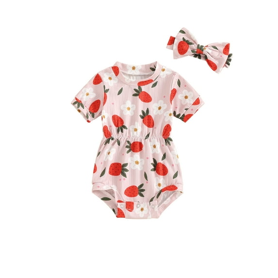 Suealasg Newborn Girls Summer Romper +Headband Short Sleeve Crew Neck Floral Print One Piece Bodysuit 3 6 9 12 18 Months Baby Girl Clothes