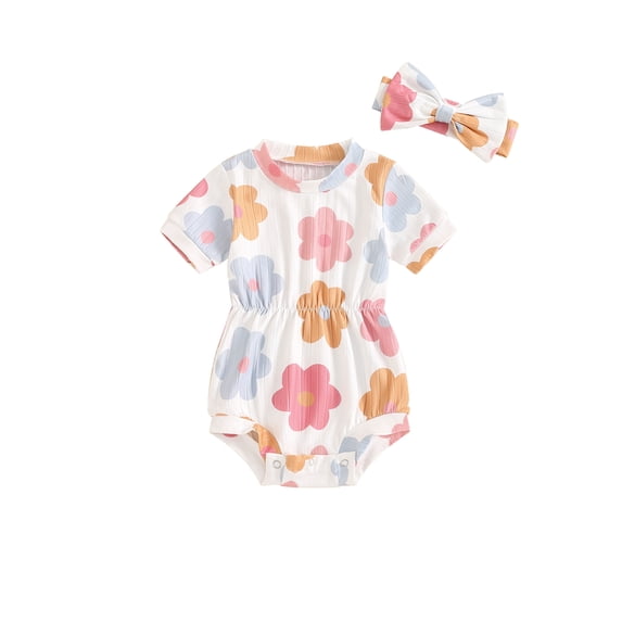 Suealasg Newborn Girls Summer Romper +Headband Short Sleeve Crew Neck Floral Print One Piece Bodysuit 3 6 9 12 18 Months Baby Girl Clothes