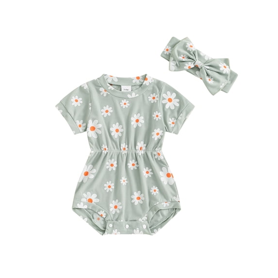 Suealasg Newborn Girls Summer Romper +Headband Short Sleeve Crew Neck Floral Print One Piece Bodysuit 3M 6M 12M 18M Baby Girl Clothes