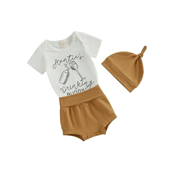 Suealasg Newborn Infant Boys Summer 3Pcs Outfits Sets 3M 6M 12M 18M Baby Boys Clothes Letters Print Romper with Elastic Waist Shorts and Hat