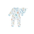 thumbnail image 1 of Suealasg Newborn Infant Girl Boy Outfits Long Sleeve Crew Neck Animal Print Footed Romper Jumpsuit + Hat Baby Girl Boy Clothes, 1 of 7
