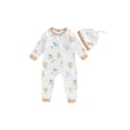 thumbnail image 1 of Suealasg Newborn Infant Girl Boy Outfits Long Sleeve Crew Neck Animal Print Footed Romper Jumpsuit + Hat Baby Girl Boy Clothes, 1 of 7