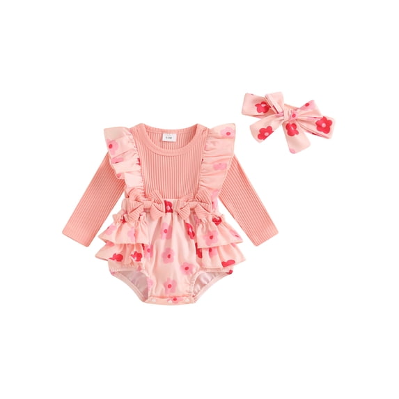 Suealasg Newborn Infant Girl Fall 2Pcs Outfits 3 6 12 18 Months Long Sleeve Floral Print Ruffled Romper Dress +Hairband Set Baby Girl Clothes