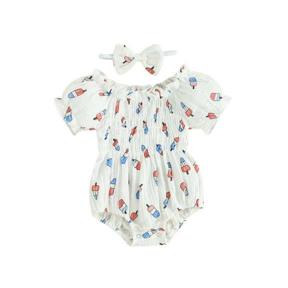Suealasg Newborn Infant Girls 4th of July Clothes Popsicle Print Short Sleeve Pleated Romper Bodysuit+Headband Baby Girls Independence Day Summer Outfit