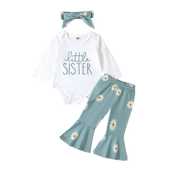 Suealasg Newborn Infant Girls Fall Outfits 3Pcs Baby Girls Clothes 3 6 12 18 Months Letter Print Crew Neck Long Sleeve Rompers Floral Flared Pants Headband Set