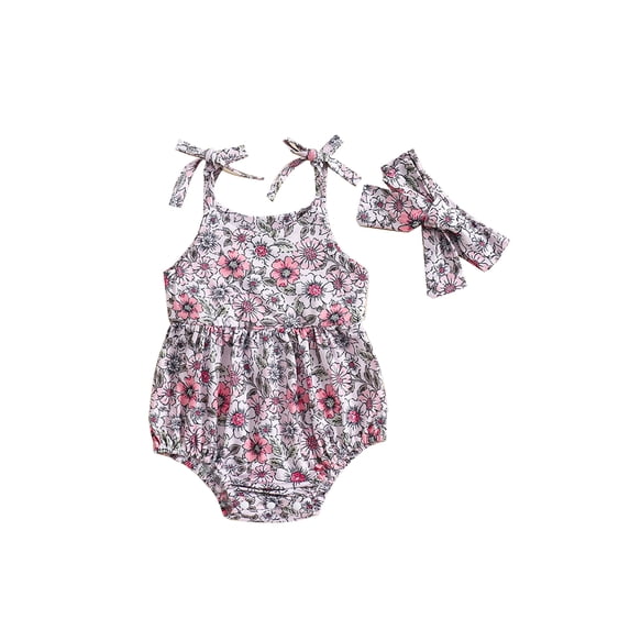 Suealasg Newborn Infant Girls Summer Rompers 3 6 12 18 Months Baby Girl Clothes Sleeveless Fruit Flower Print Pleated Bodysuits +Hairband