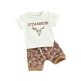 thumbnail image 1 of Suealasg Toddler Baby Boy 2Pcs Western Clothes 6M 1T 2T 3T Kids Boy Summer Casual Shorts Sets Short Sleeve Letter Print T-shirt Tops+ Cattle Print Shorts, 1 of 9