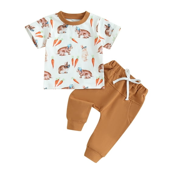 Suealasg Toddler Baby Boy Clothes 2Pcs Kids Girl Easter Outfits 6M 1T 2T 3T Short Sleeve Crew Neck Carrot Rabbit Print T-shirt +Elastic Waist Long Pants Set