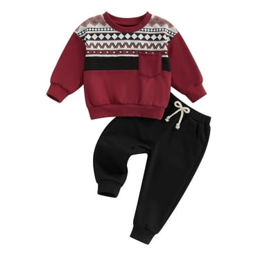 Suealasg Toddler Baby Boy Fall Winter Outfits 6M 1T 2T 3T 4T Geometric Print Crew Neck Long Sleeve Sweatshirts Sweatpants 2Pcs Little Boy Casual Clothes Set