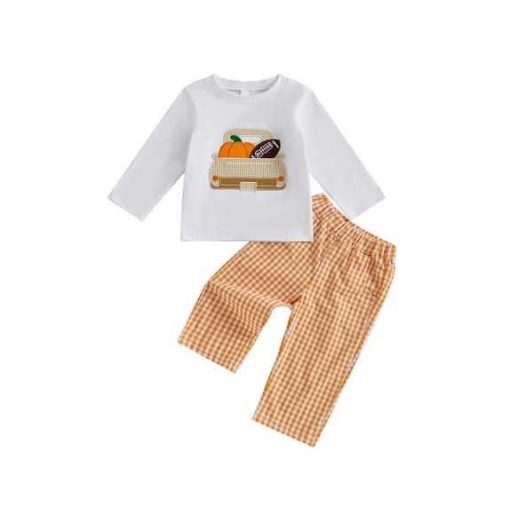 Suealasg Toddler Baby Boy Halloween Outfit Pumpkin Embroidery Long Sleeve Sweatshirt with Plaid Pants 2 Pcs Set