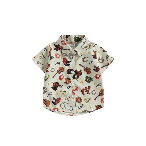 Suealasg Toddler Baby Boy Western Clothes Cow Print Button Up Shirts Lapel Short Sleeve Shirt Summer Tee Tops