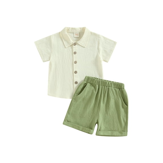 Suealasg Toddler Baby Boys 2Pcs Cotton Linen Shorts Set Solid Color Short Sleeve Lapel Button Down Shirt Tops and Shorts 6M 1T 2T 3T 4T Kids Boys Summer Clothes Set