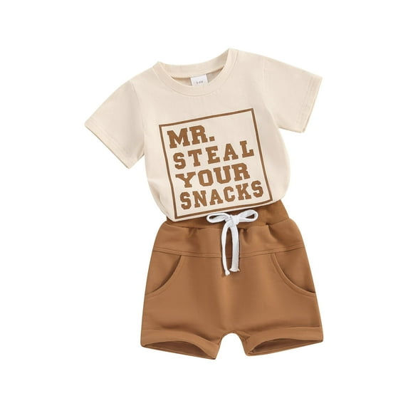Suealasg Toddler Baby Boys 2Pcs Summer Outfits 6M 1T 2T 3T Kids Boys Beach Clothes Set Short Sleeve Letter Print T-Shirt Tops Elastic Waist Shorts Set 0-3 Years