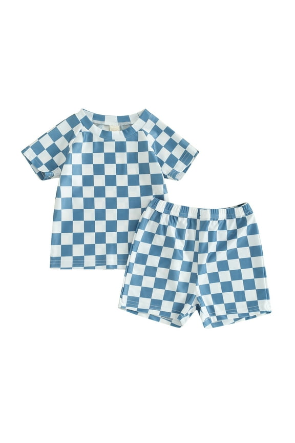 Toddler Baby Boys 2Pcs Swimsuit Set 6M 1T 2T 3T 4T Short Sleeve Checkerboard Print Rash Guard Tops and Swim Trunks Kids Boys Summer Swimwear Bathing Suit