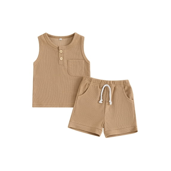 Suealasg Toddler Baby Boys 2Pcs Waffle Outfit Round Neck Sleeveless Solid Color Tank Tops + Elastic Waist Shorts Infant Boys Summer Casual Beach Vacation Clothes