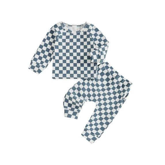 Suealasg Toddler Baby Boys Clothes 6M 1T 2T 3T Long Sleeve Crew Neck Checkerboard Print Tops Long Pants Set Infant Boys Fall 2Pcs Outfits