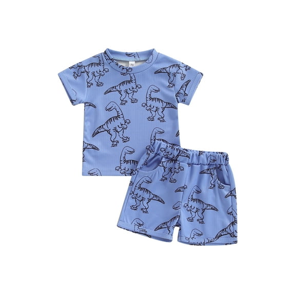 Suealasg Toddler Baby Boys Clothes Dinosaur Print Round Neck Short Sleeve Tops + Elastic Waist Shorts 2 Piece Summer Outfits Set for Infant Boys