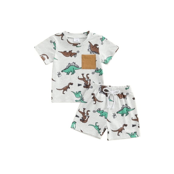 Suealasg Toddler Baby Boys Clothes Set Dinosaur Print Short Sleeves T-Shirt and Elastic Shorts Set 6M 1T 2T 3T Summer Vacation Outfits