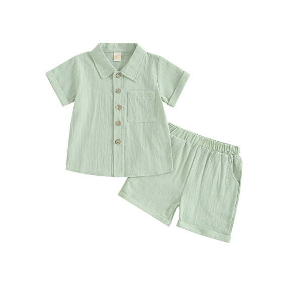 Suealasg Toddler Baby Boys Cotton Linen Shorts Set 6M 1T 2T 3T 4T Solid Color Short Sleeve Button Down Shirt Tops and Shorts 2Pcs Kids Boys Summer Outfit