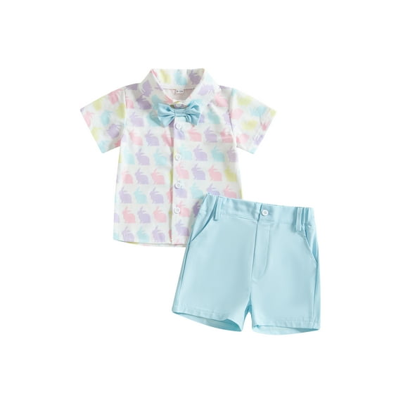 Suealasg Toddler Baby Boys Easter Clothes Set Short Sleeve Bunny Print Button-up Bow Tie Shirt Elastic Shorts Sets 6M 12M 18M 24M 2T 3T 4T Kids 2pcs Summer Gentlemen Outfits
