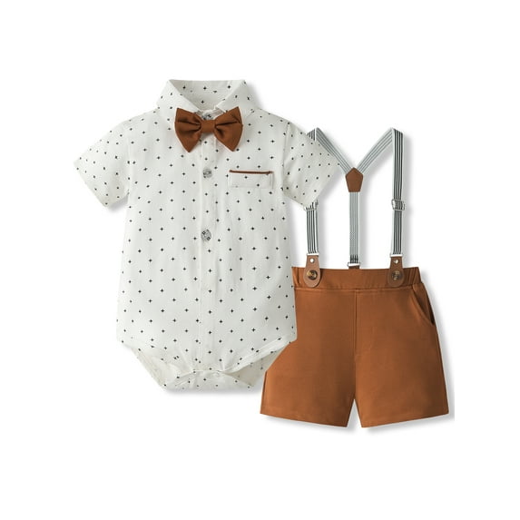 Suealasg Toddler Baby Boys Gentleman Suits Outfits 1T 2T 3T Short Sleeve Lapel Bowtie Romper Shirt and Suspender Shorts 2Pcs Kids Boys Formal Wear Clothes