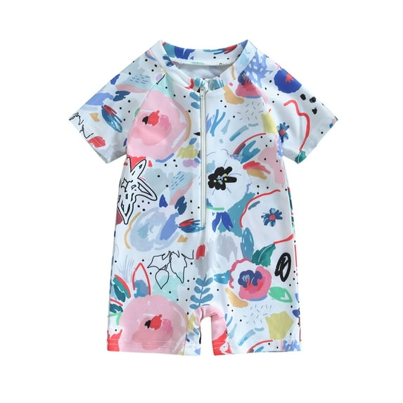 Suealasg Toddler Baby Boys Girls One Piece Swimsuits 6M 1T 2T 3T Kids Summer Romper Bathing Suit Beachwear Short Sleeve Zipper Watercolour Print Sun Protection Swimwear
