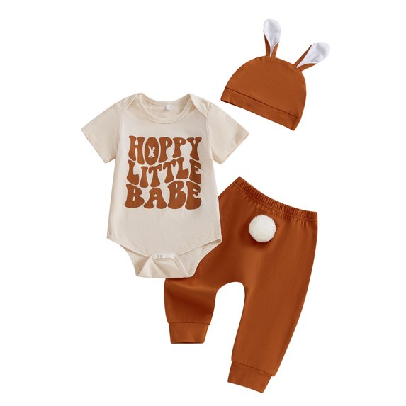 Suealasg Toddler Baby Boys Girls Pants Set Short Sleeve Letter Bunny Print Romper + Long Pants +Rabbit Ears Hat 6M 1T 2T 3T Infant 3pcs Summer Easter Outfits