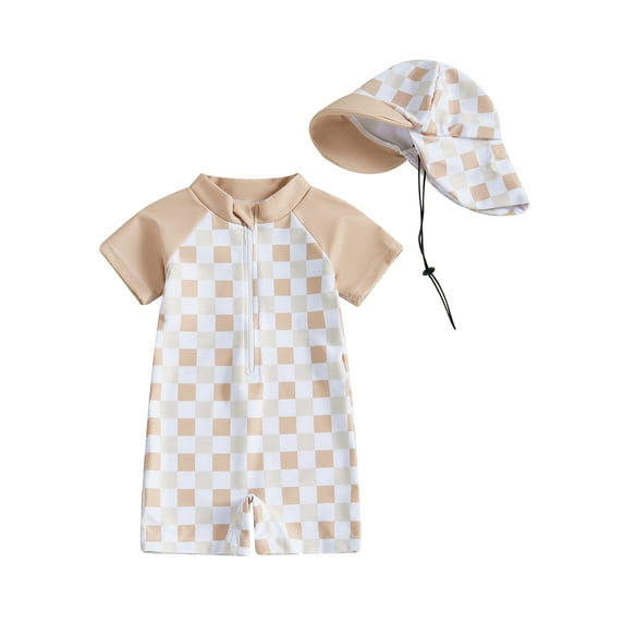 Suealasg Toddler Baby Boys Girls Rash Guard Swimwear +Swimming Hat Short Sleeve Crew Neck Plaid Print Zip Up Swimsuits Romper Infant Summer Beachwear Bathing Suits