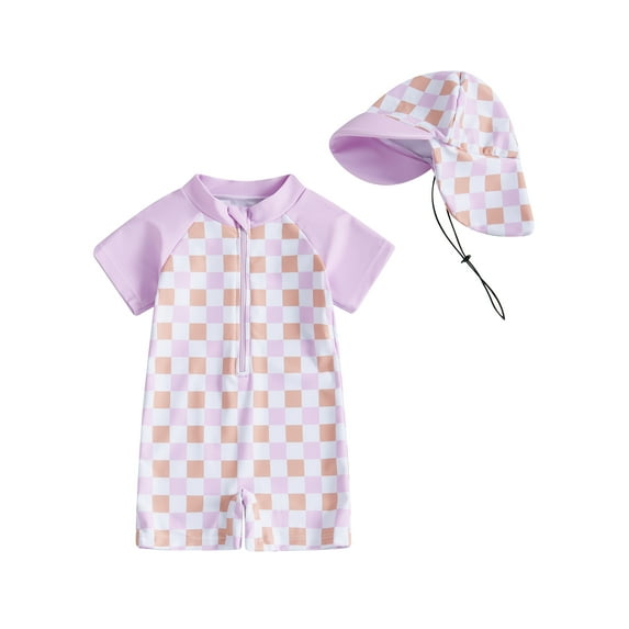 Suealasg Toddler Baby Boys Girls Rash Guard Swimwear +Swimming Hat Short Sleeve Crew Neck Plaid Print Zip Up Swimsuits Romper Infant Summer Beachwear Bathing Suits