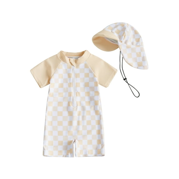 Suealasg Toddler Baby Boys Girls Rash Guard Swimwear +Swimming Hat Short Sleeve Crew Neck Plaid Print Zip Up Swimsuits Romper Infant Summer Beachwear Bathing Suits