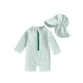 thumbnail image 1 of Suealasg Toddler Baby Boys Girls Rash Guard Swimwear +Swimming Hat Striped Print Long Sleeve Swimsuits Romper Infant 2Pcs Summer Bathing Suits, 1 of 7