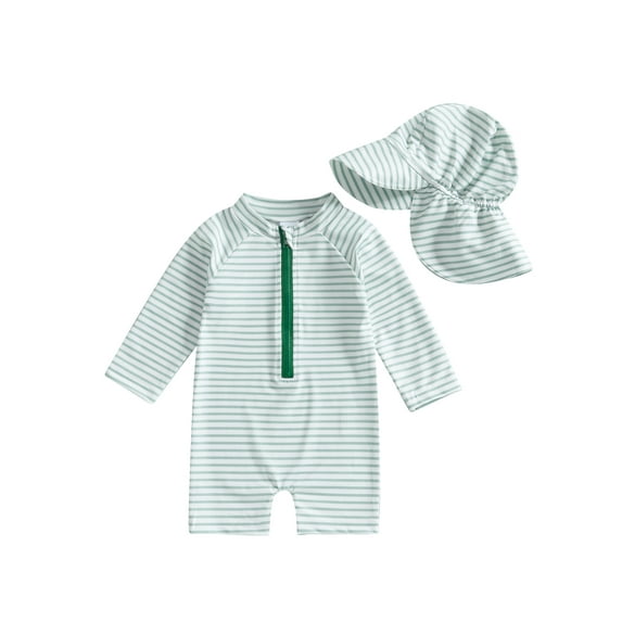 Suealasg Toddler Baby Boys Girls Rash Guard Swimwear +Swimming Hat Striped Print Long Sleeve Swimsuits Romper Infant 2Pcs Summer Bathing Suits