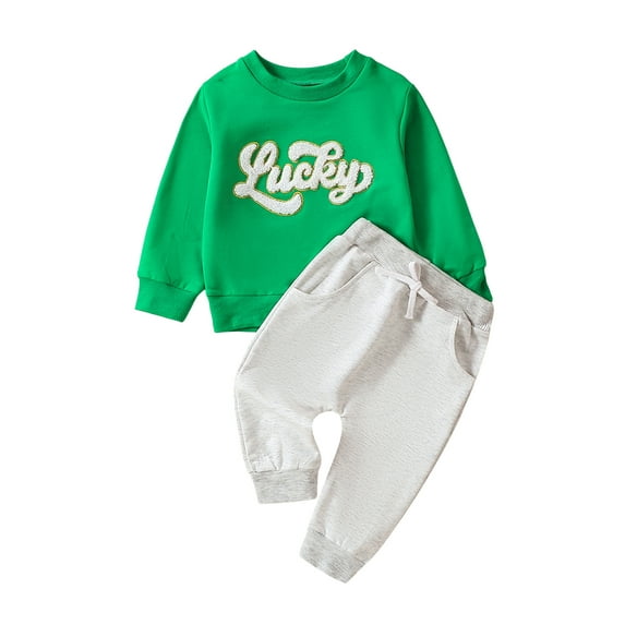 Suealasg Toddler Baby Boys Girls Saint Patrick's Day Outfits3M 6M 9M 12M 18M Infant Letter Embroidery Long Sleeve Sweatshirt and Elastic Pants Set 2 Piece Newborn Spring Ireland Festival Clothes