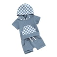 thumbnail image 1 of Suealasg Toddler Baby Boys Girls Summer 2Pcs Clothes 6M 1T 2T 3T Kids Casual Short Sleeve Checkerboard Print Hooded T-shirt Tops+ Elastic Waist Shorts Set, 1 of 9