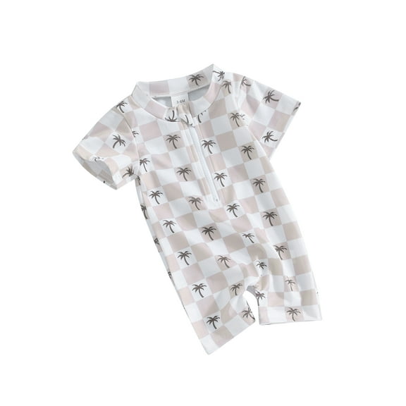 Suealasg Toddler Baby Boys One Piece Swimsuits Infant Boys Short Sleeve Coconut Tree Print Jumpsuit Beach Bathing Suit 3M 6M 12M 18M Summer Rash Guard Swimwear