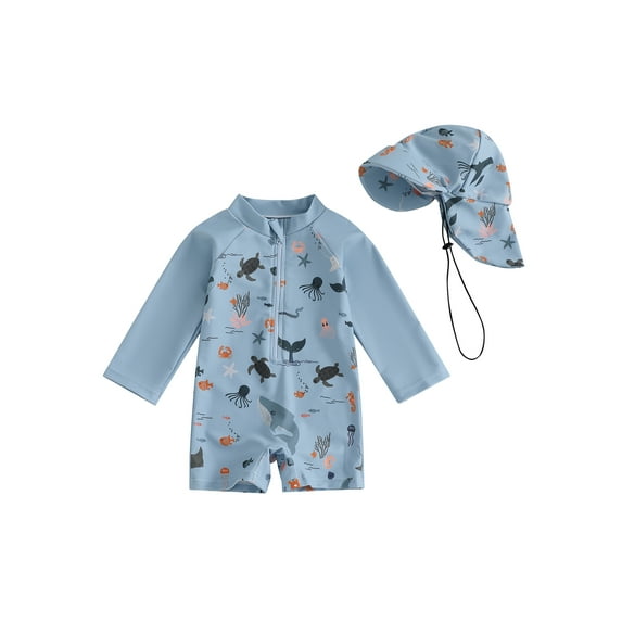 Suealasg Toddler Baby Boys Rash Guard Swimwear +Swimming Hat Short Sleeve Marine Animal Print Zip Up Swimsuits Romper Infant Summer Bathing Suits