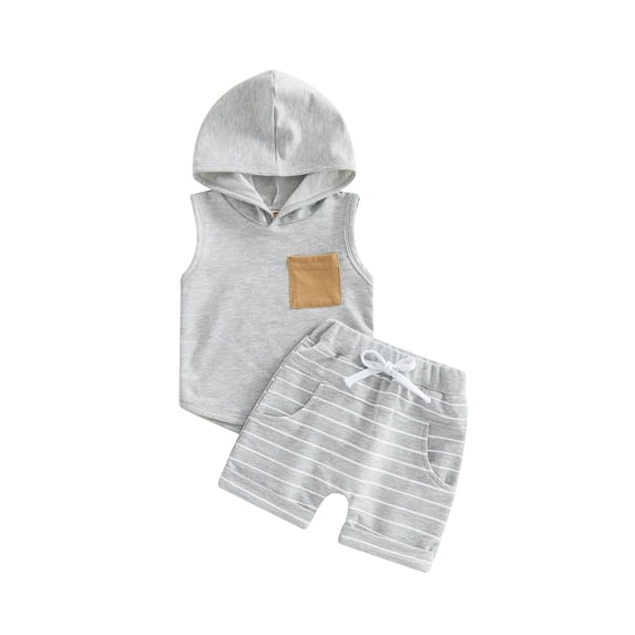 Suealasg Toddler Baby Boys Shorts Set Outfits Sleeveless Pocket Hooded Tank Tops and Elastic Waist Striped Shorts Kids Boys Summer Clothes Set