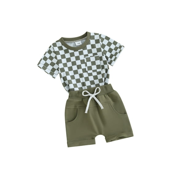 Suealasg Toddler Baby Boys Summer 2Pcs Clothes 6M 1T 2T 3T Kids Boys Casual Beach Outfits Short Sleeve Plaid T-Shirts Tops and Elastic Waist Shorts