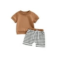 thumbnail image 1 of Suealasg Toddler Baby Boys Summer Clothes 6M 1T 2T 3T Short Sleeve Round Neck T-Shirts Tops Elastic Waist Striped Shorts Sets 2Pcs Infant Boys Casual Beach Vacation Outfits, 1 of 9