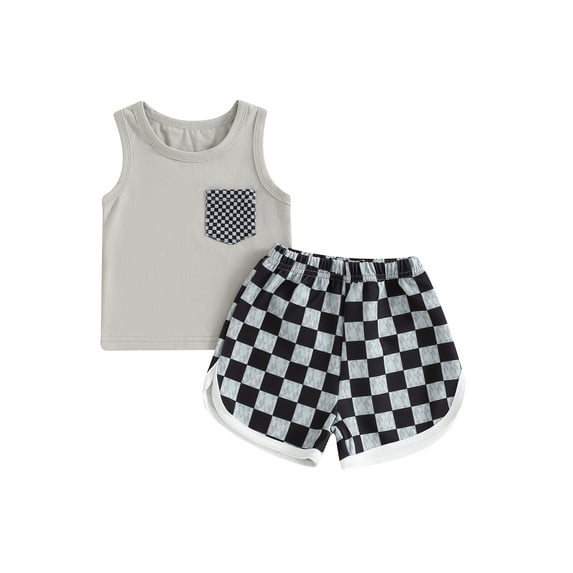 Suealasg Toddler Baby Boys Summer Clothes Set 6M 1T 2T 3T Sleeveless Tank Tops and Checkerboard Print Shorts Sets 2Pcs Beach Causal Clothing for Kids Boys