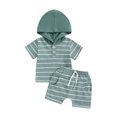 thumbnail image 1 of Suealasg Toddler Baby Boys Summer Outfits Clothes 6M 1T 2T 3T Infant Boys Short Sleeve Stripe Print Hooded T-Shirt Tops +Elastic Shorts 2Pcs Causal Clothing for Kids Boys, 1 of 9