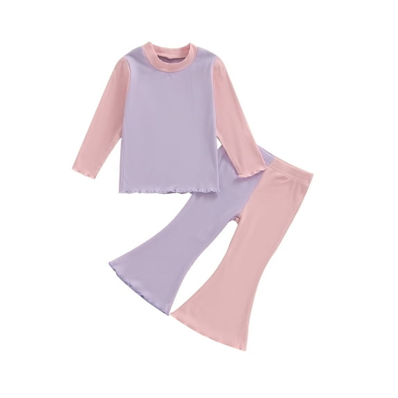 Suealasg Toddler Baby Girl 2Pcs Fall Outfits Long Sleeve Crew Neck Contrast Color Top Flare Pants 1T 2T 3T 4T 5T Little Girl Casual Autumn Clothes