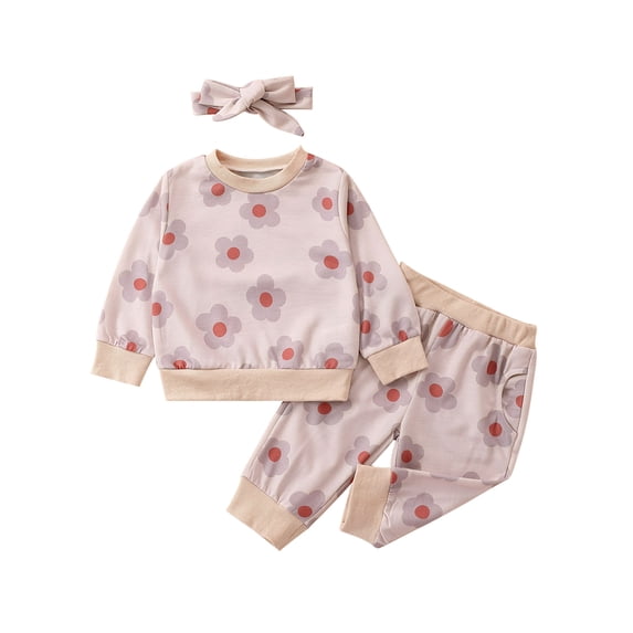 Suealasg Toddler Baby Girl 3PCS Clothes Long Sleeve Floral Heart Print Sweatshirt Shirt Top + Elastic Band Pants Headband Sets 3M 6M 9M 12M 18M 24M 2T 3T Infant Girls Fall Winter Outfits Set