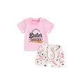 thumbnail image 1 of Suealasg Toddler Baby Girl Baseball Outfit Letter Print Round Neck Short Sleeve Tops + Elastic Waist Baseball Shorts 2Pcs Infant Summer Casual Clothes Set, 1 of 8