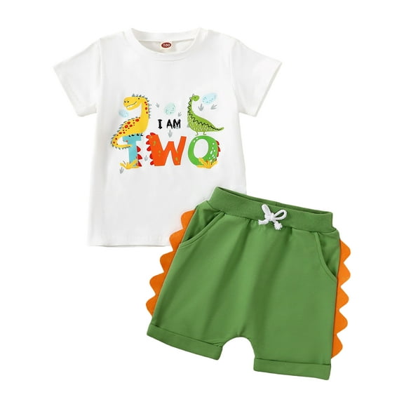 Suealasg Toddler Baby Girl Boy Birthday Outfit Short Sleeve Dinosaur Print T-Shirt Elastic Waist Shorts 1T 2T 3T 4T Kids Summer Clothes Set